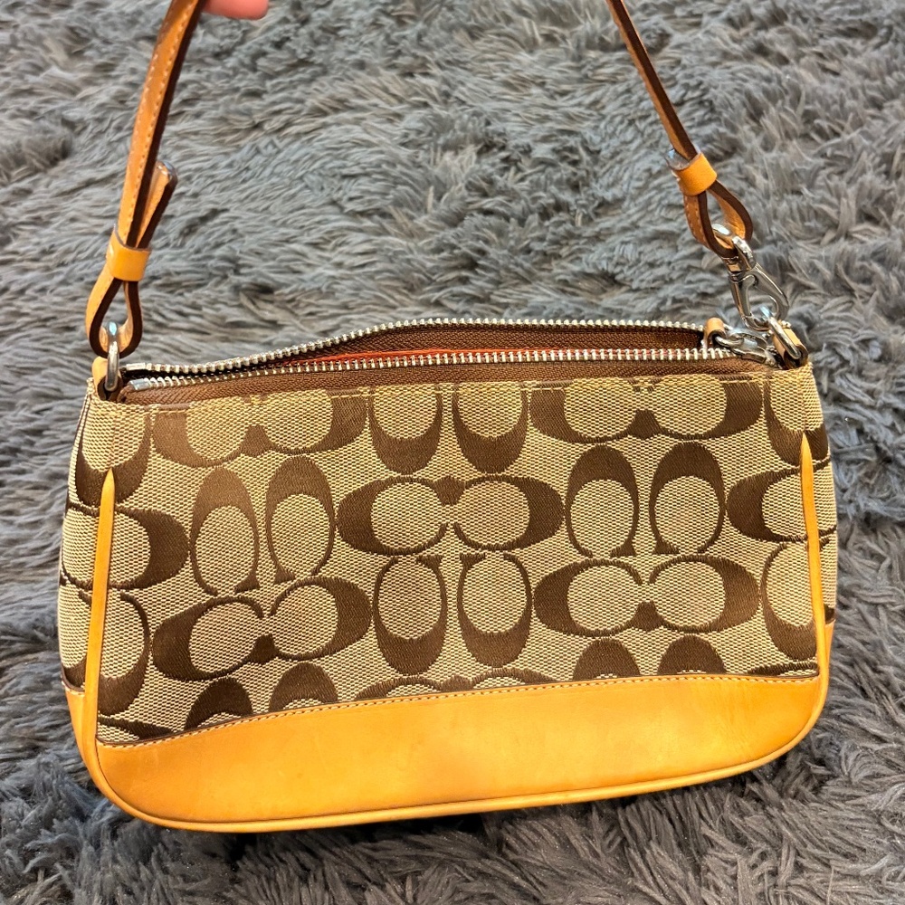 Coach Signature Canvas & Leather Mini Bag / Baguette – Tan & Brown Trim